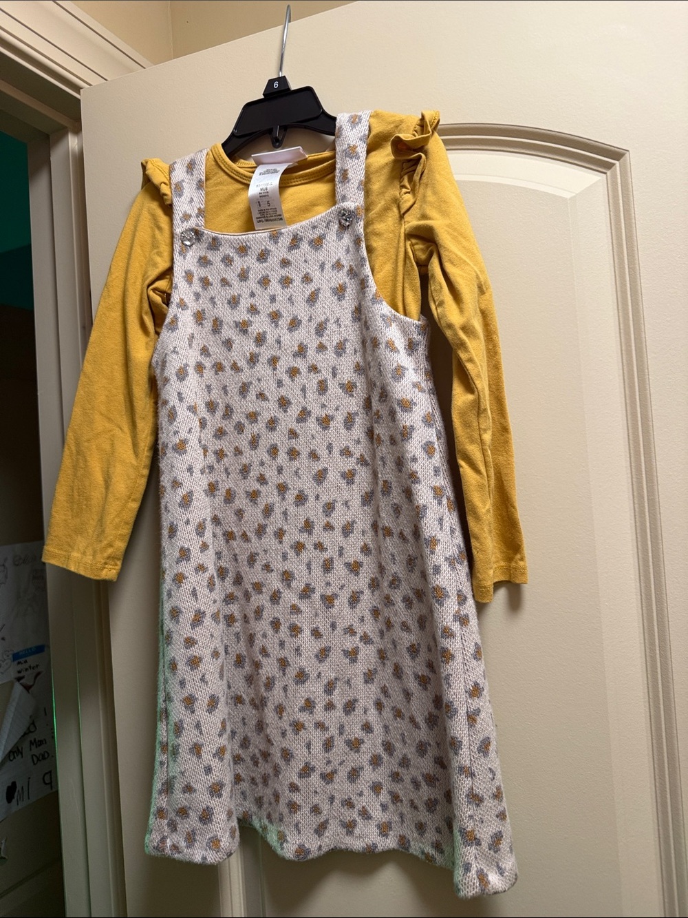 Bonnie Jean Mustard Long-Sleeve Top with Cream Speckled Pinafore Dress
